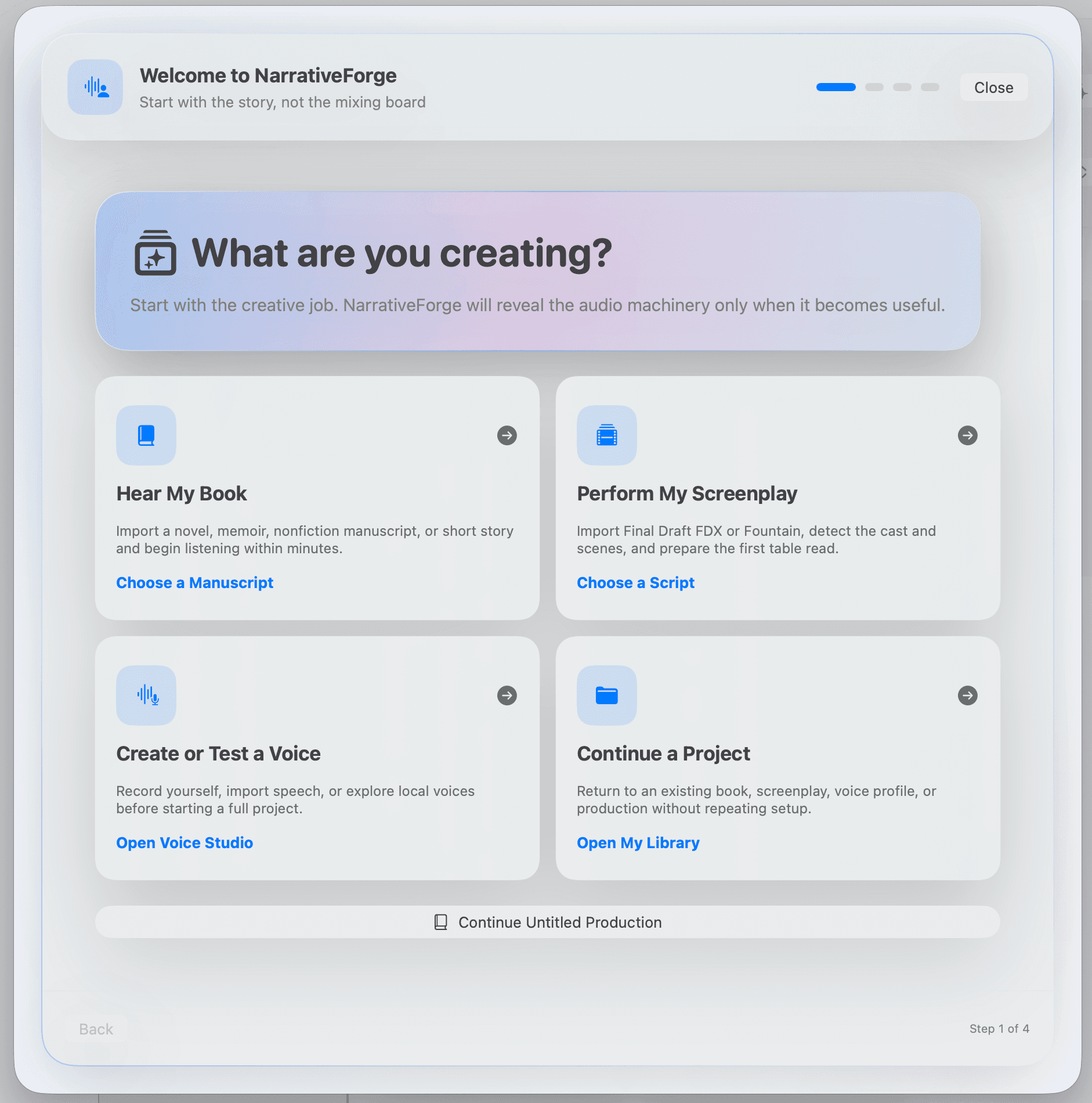 NarrativeForge onboarding screen offering paths to hear a book, perform a screenplay, create or test a voice, or continue a project.