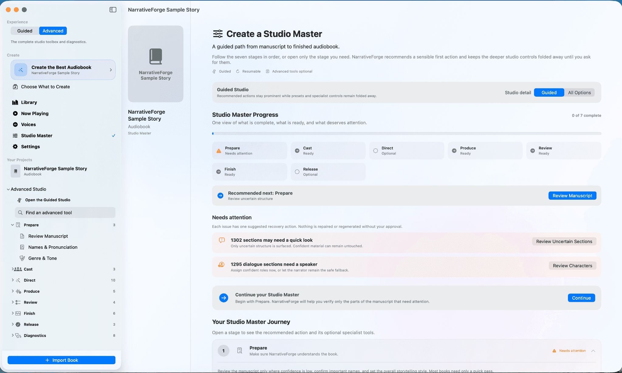 NarrativeForge Studio Master view showing project progress, stages like Prepare and Cast, needs-attention panels, and recommended next actions.